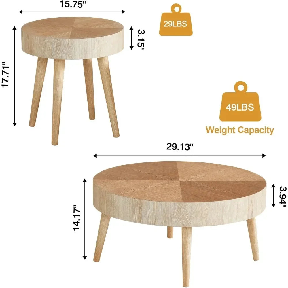 Nesting round coffee table set of 2 farmhouse modern natural wood tables boho side end