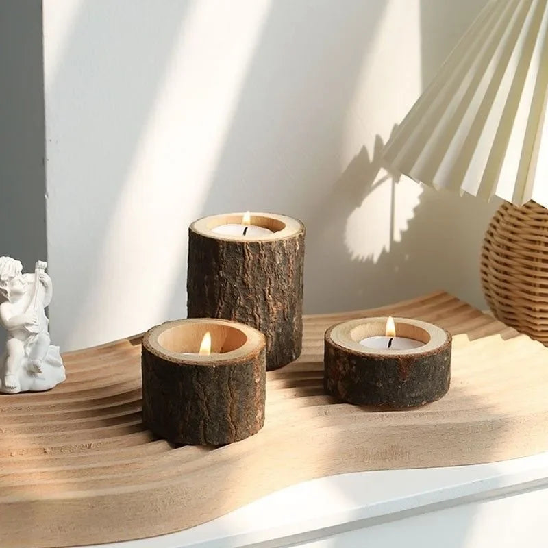 Set of 3 vintage wooden candle holders tree stump-shaped scented base home/wedding/holiday decor - united states
