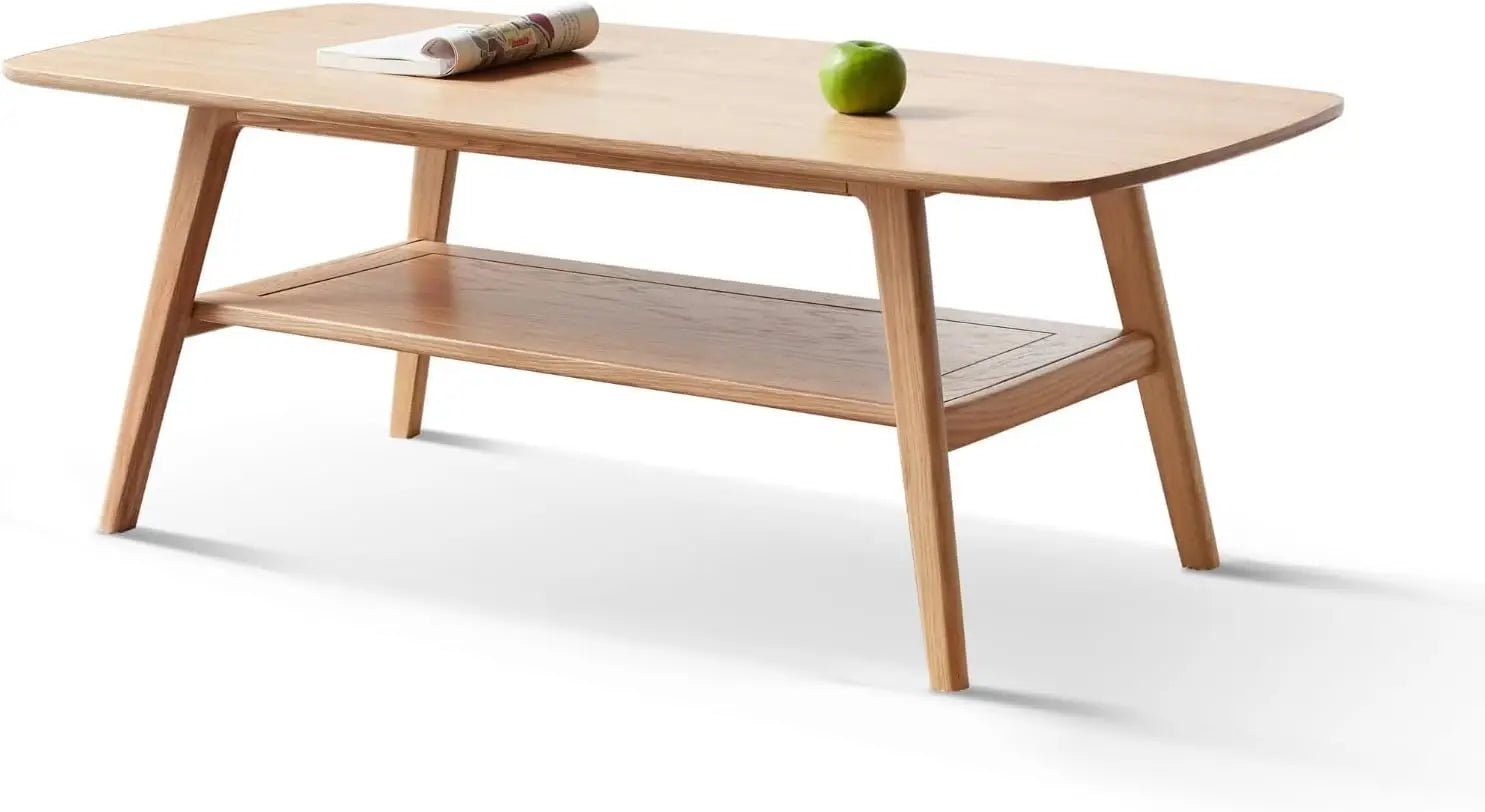 2-tier solid oak wood coffee table - practical center with double storage for small apartments living rooms bedrooms