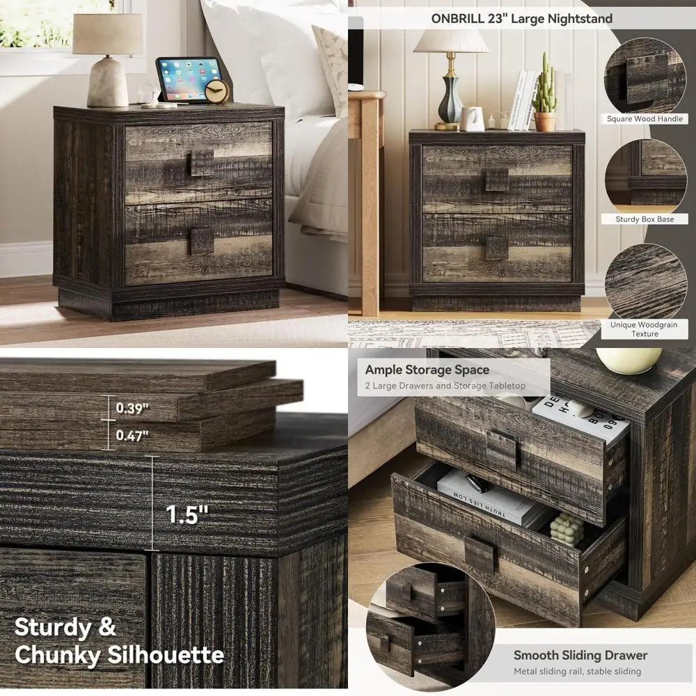 23.4’’ modern 2-drawer nightstand with charging station for bedroom wooden bedside table - united states / dark rustic