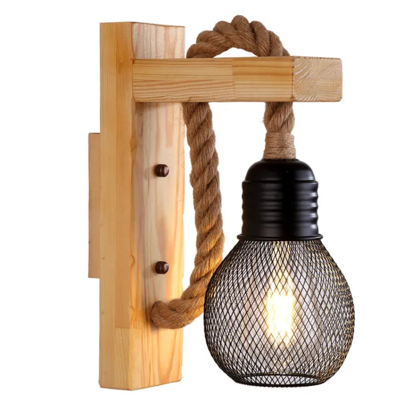 Vintage wood hemp rope wall lamps fixture retro hallway bedside loft light luminaire industrial american decor lighting