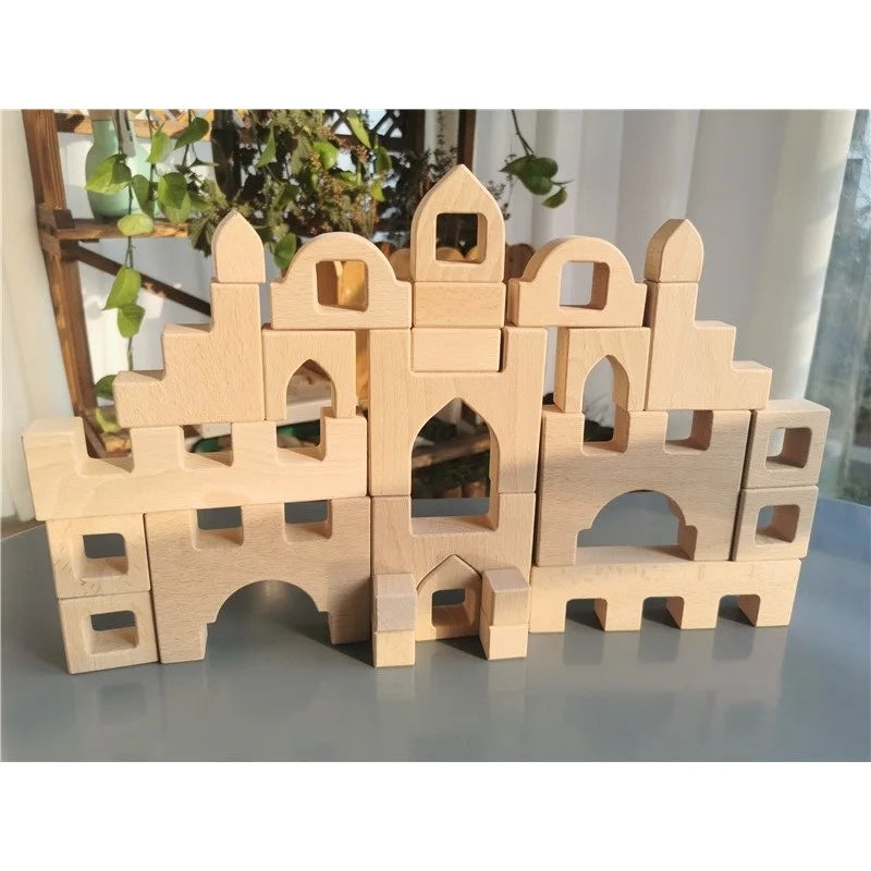 Wooden building blocks set stacking castle toys with transparent cubes rainbow timbers trees animals giraffe for kids