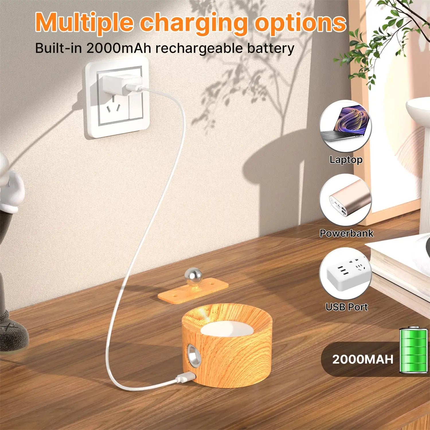 Wooden led wall sconce 360° rotatable dimmable ，magnetic touch control， rechargeable battery operated magnetic night