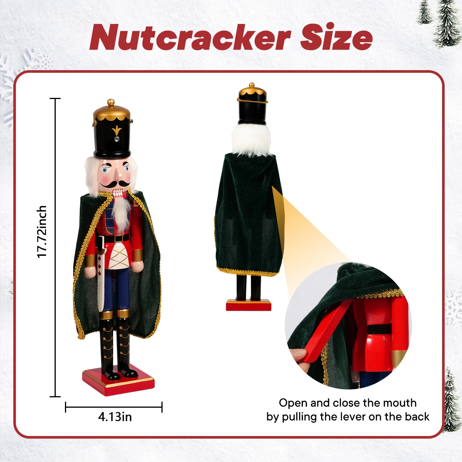 Wood nutcracker with detailed cloak 2-in-1 christmas tree ornament and standalone desktop toy for holiday decorating