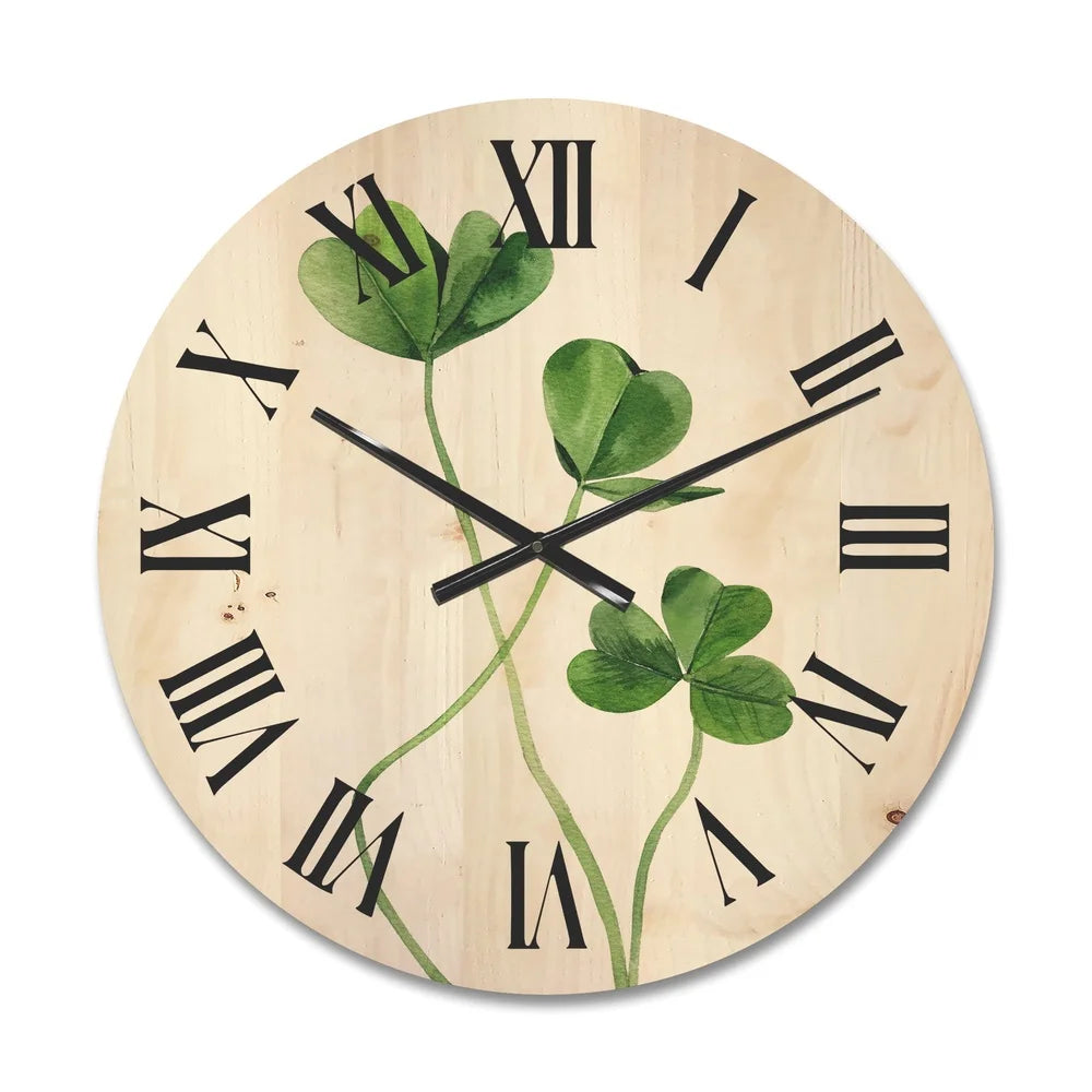 Farmhouse wood wall clock field green clover print natural pine art ready to hang unique design home office decor