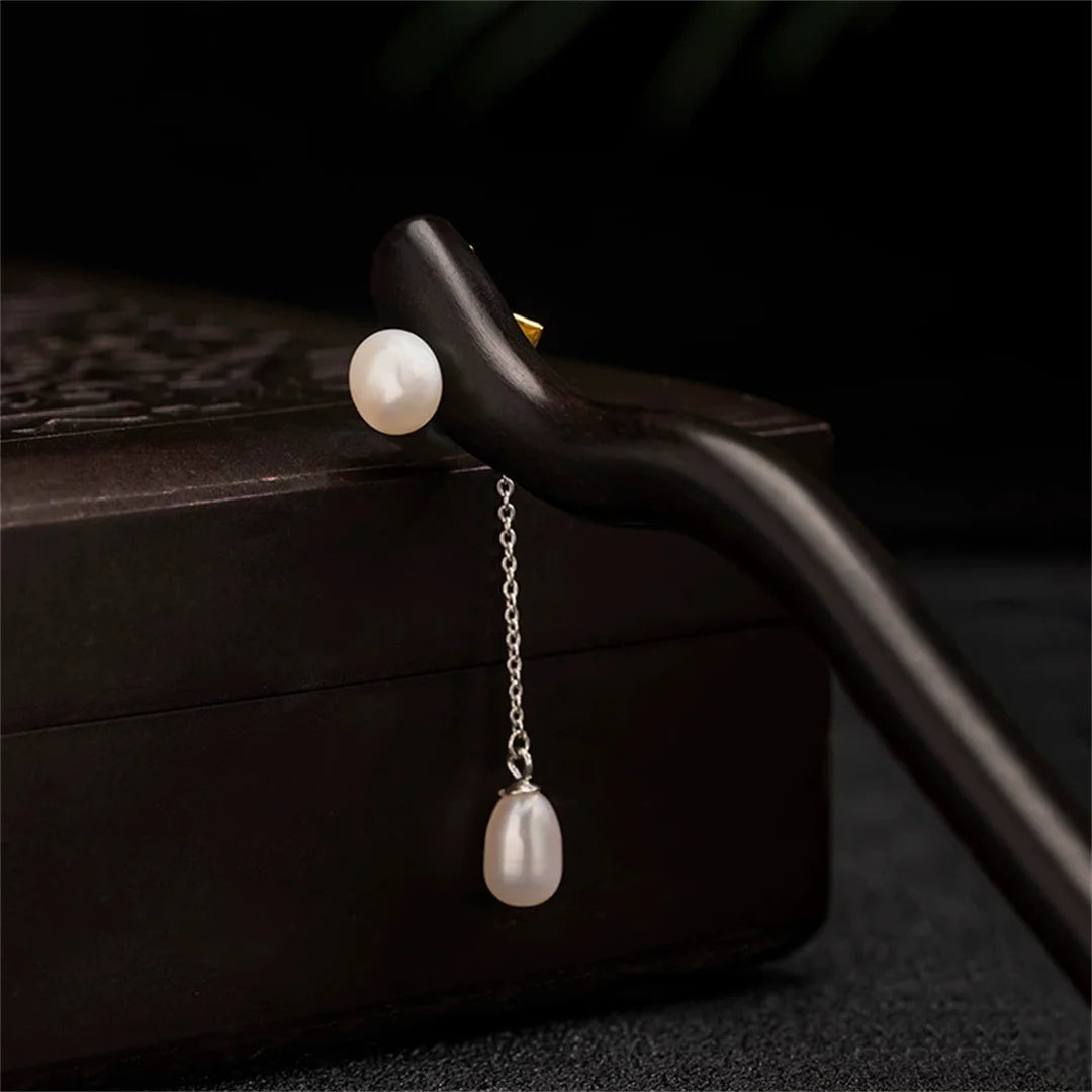 S925 sterling silver womens men hairpin retro ebony wood lotus pearl flower blossom chinese style hanfu hair