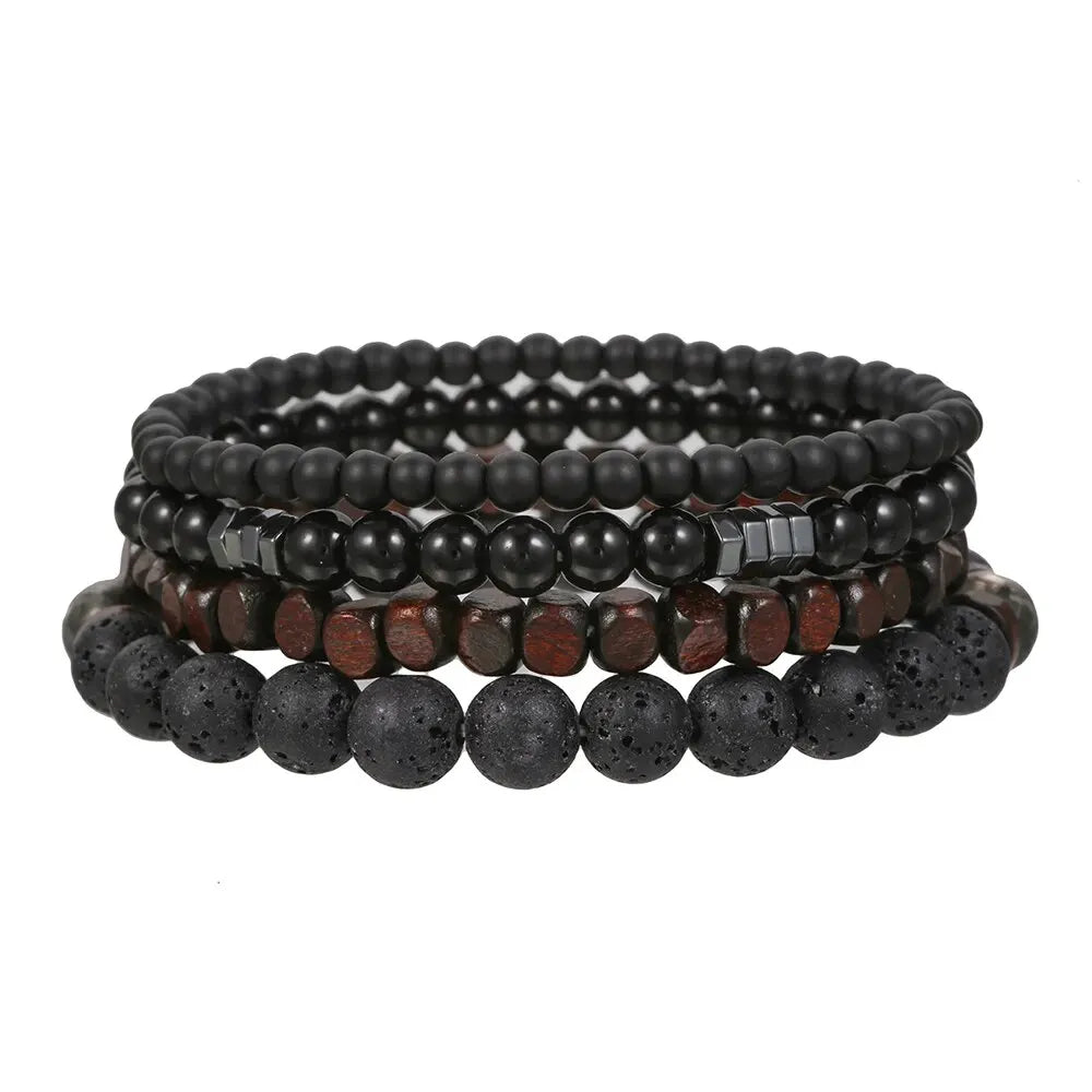 4pcs/set black gall stone volcanic wood beads multi-layer men’s combination elastic bracelet for couple friends jewelry