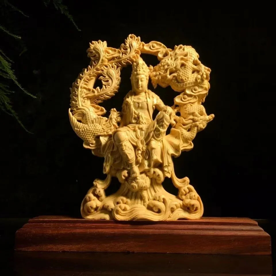 Chinese guanyin woodcarving dragon and phoenix statue solid wood carving home decor buddha - 22x21x4.5cm - religious