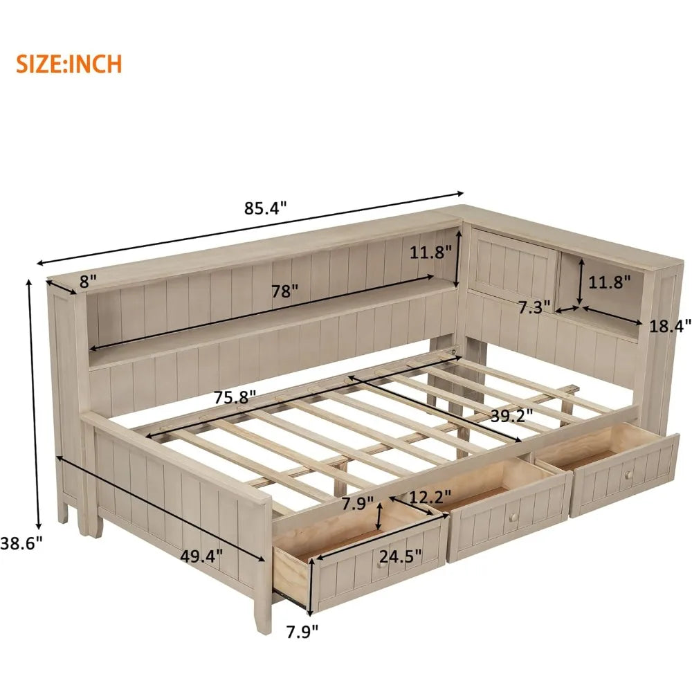 Twin daybed with bookcase headboard and storage drawers - wooden platform bed frame shelves - antique white milk