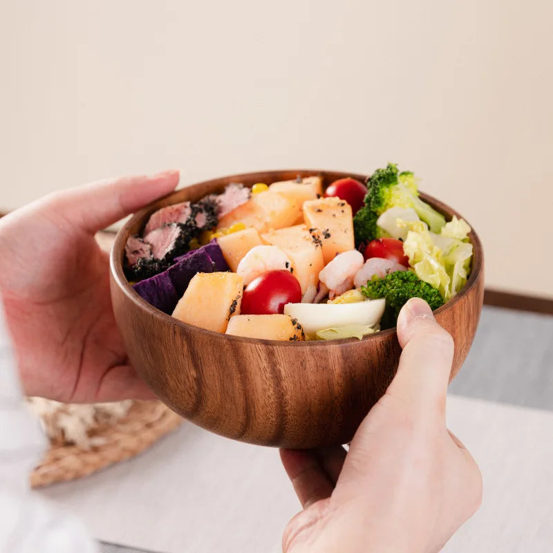 Fine natural hand-made wooden salad bowl classic round acacia wood dining plates premium kitchen utensils