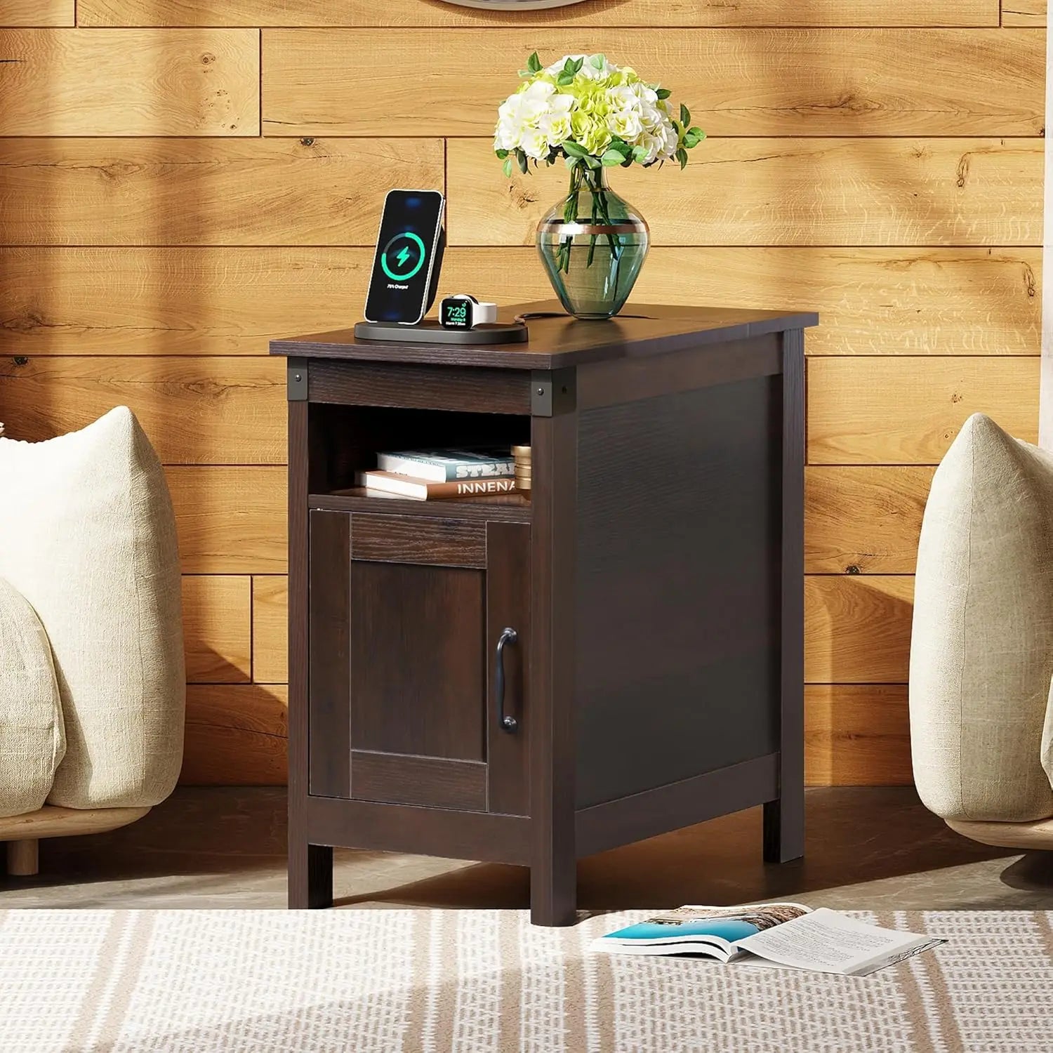 End table with charging station narrow side for living room farmhouse night stand storage small wooden cabinet - united