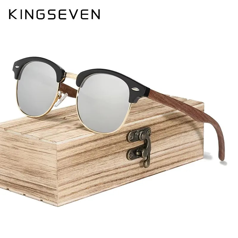 Kingseven trendy vintage handmade black walnut wood sunglasses men women polarized glasses male uv400 shades oculos