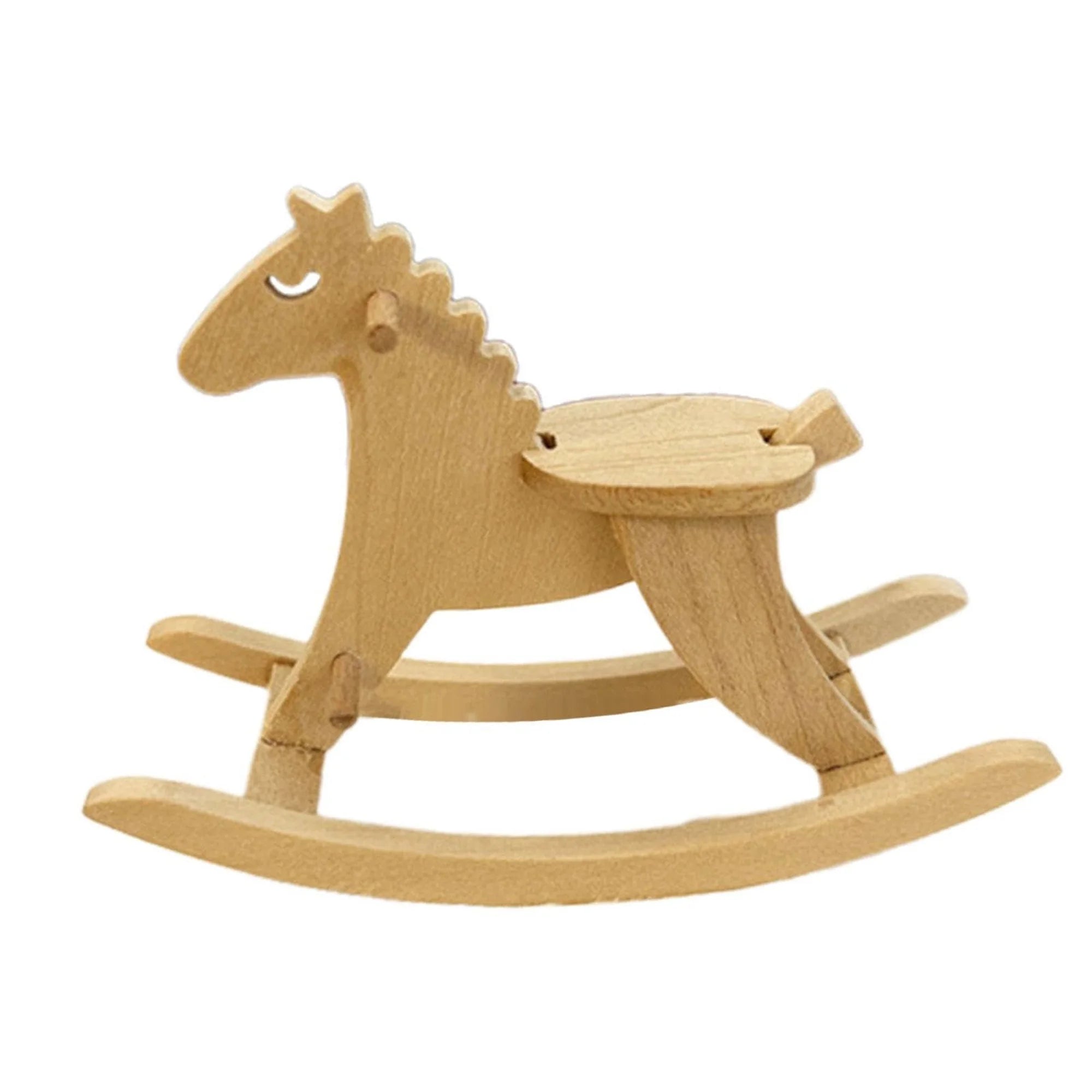 Vintage wooden rocking horse miniature figurine for dollhouse decor and photo props in mini scene shooting - light