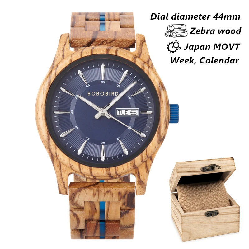 Bobo bird men’s watches fashion wooden wristwatch week & auto-date display watch for men with gift box 2025 new - blue