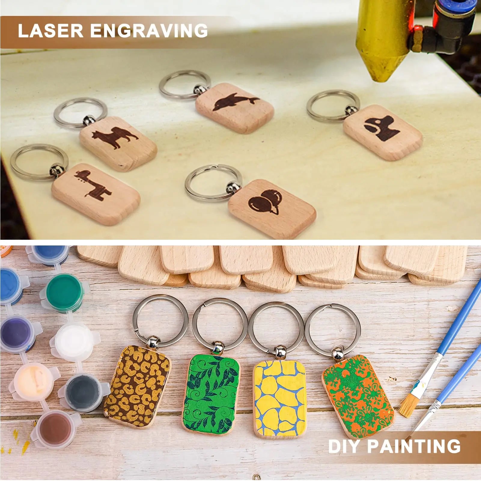 150pcs blank wooden carving key label with loop keychain keytag for diy gift - rectangular / 150 pieces - chain