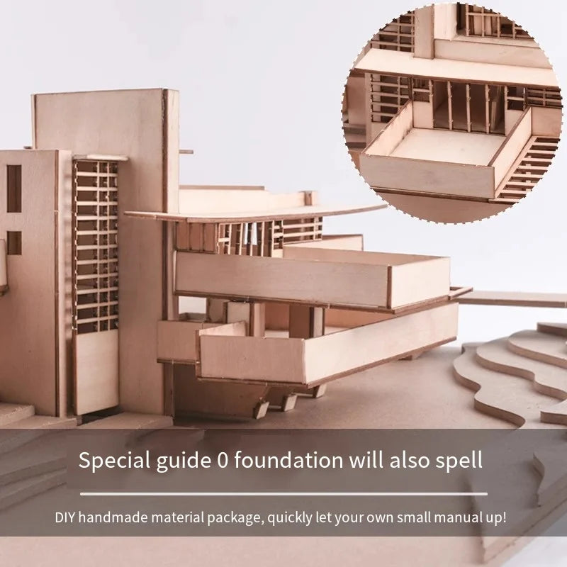 Exquisite miniature 1:200 fallingwater villa architectural wooden block diy scene building 3d wood puzzle model