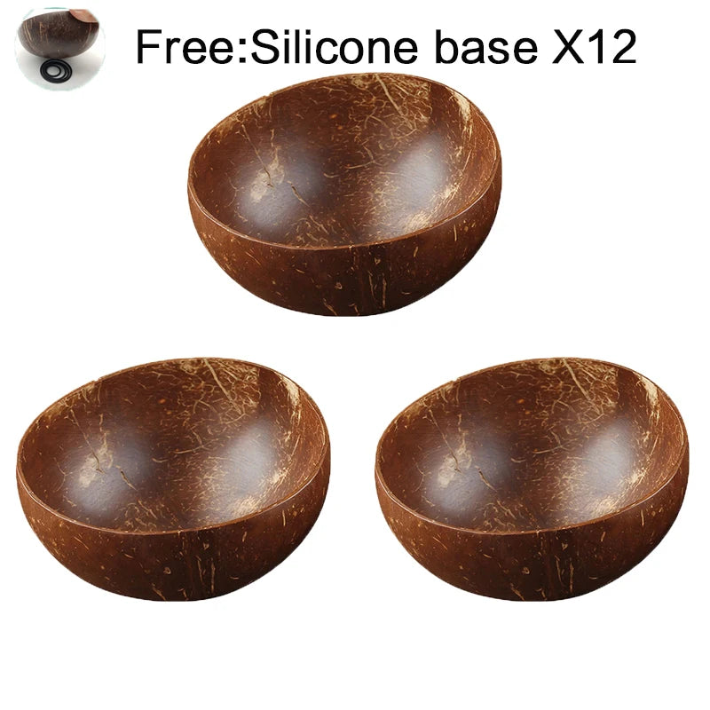 Coconut bowl set natural handmade shell tableware wood spoon dessert fruit salad mixing rice ramen wooden bamboo - 3