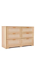 Redlife 47.24’’ rattan dresser with 6 drawers,modern chest wood storage closet w/ golden handles for bedroom living