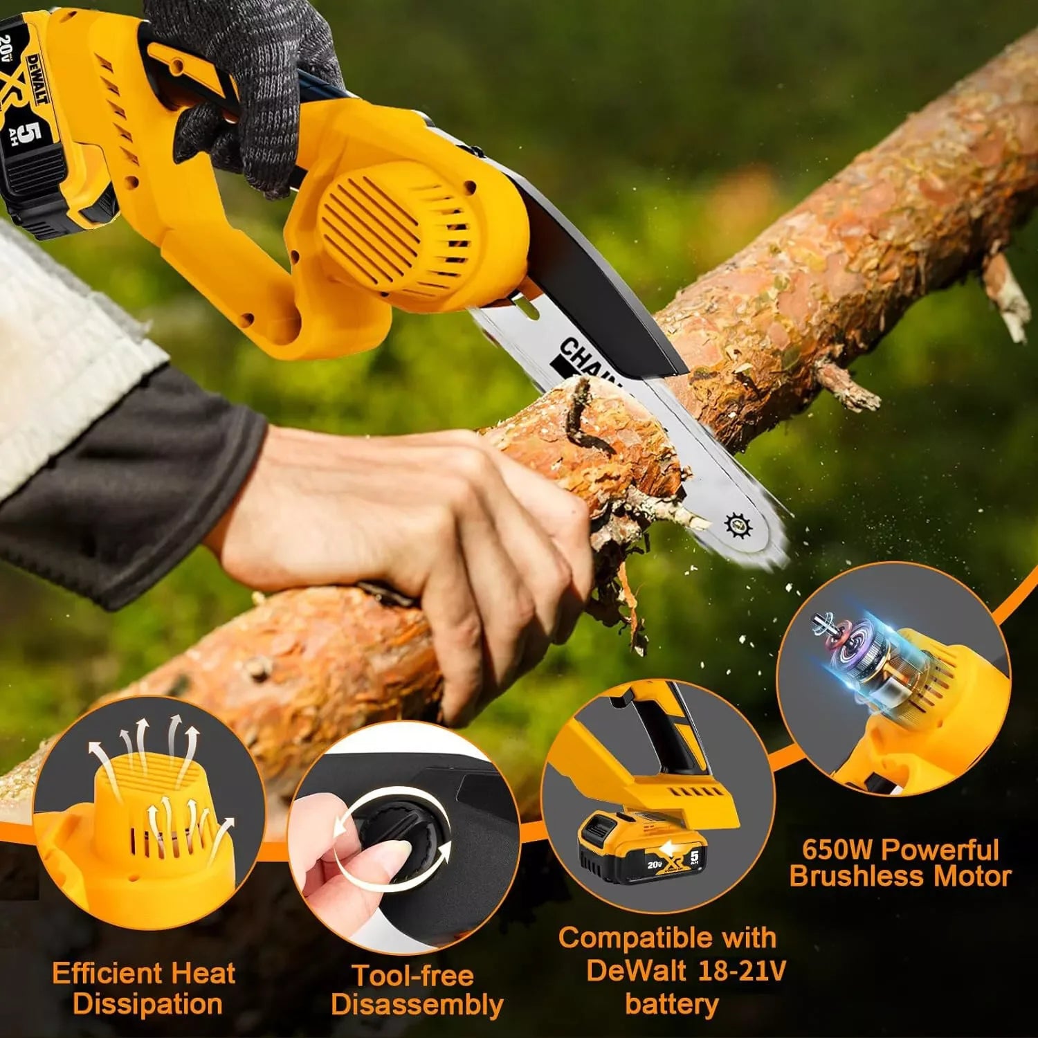 6 inches mini chainsaw dewalt 20v max battery cordless hand-held pruning saw power tools for garden logging woodworking