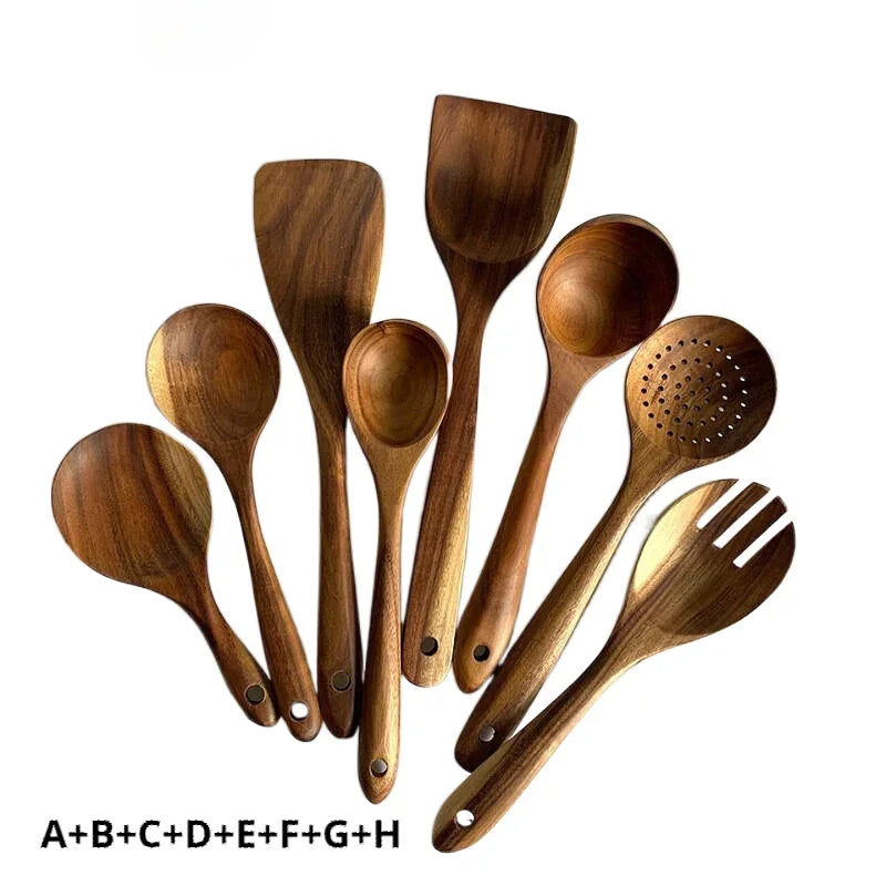 Natural wooden tableware teak wood nanmu spoon extra long leaking soup cooking kitchen utensils - 8pcs