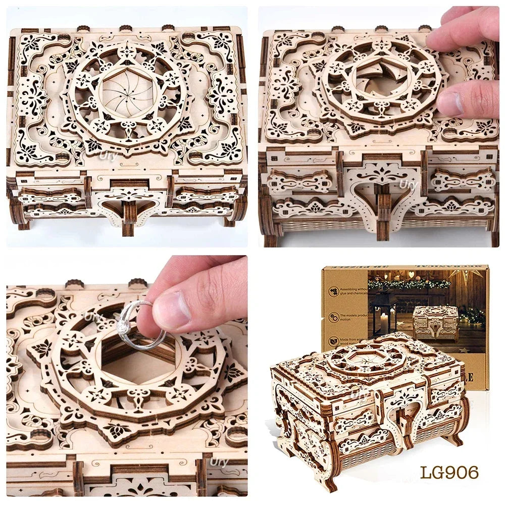 Ury 3d wooden puzzle antique treasure box dressing case diy game advanced assembly model toys creative gift for lady