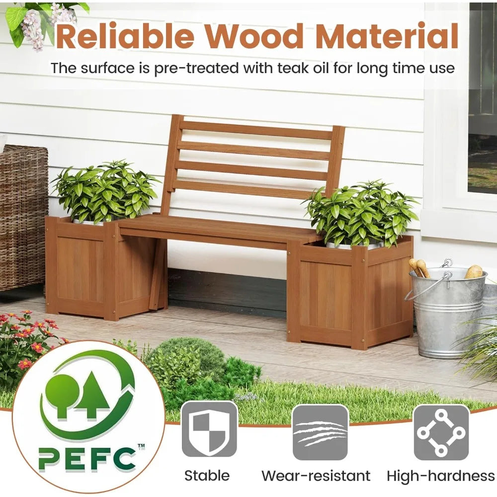 2-in-1 outdoor bench with backrest & 2 raised garden beds wood teak oil finish planter boxes open-ended base - united