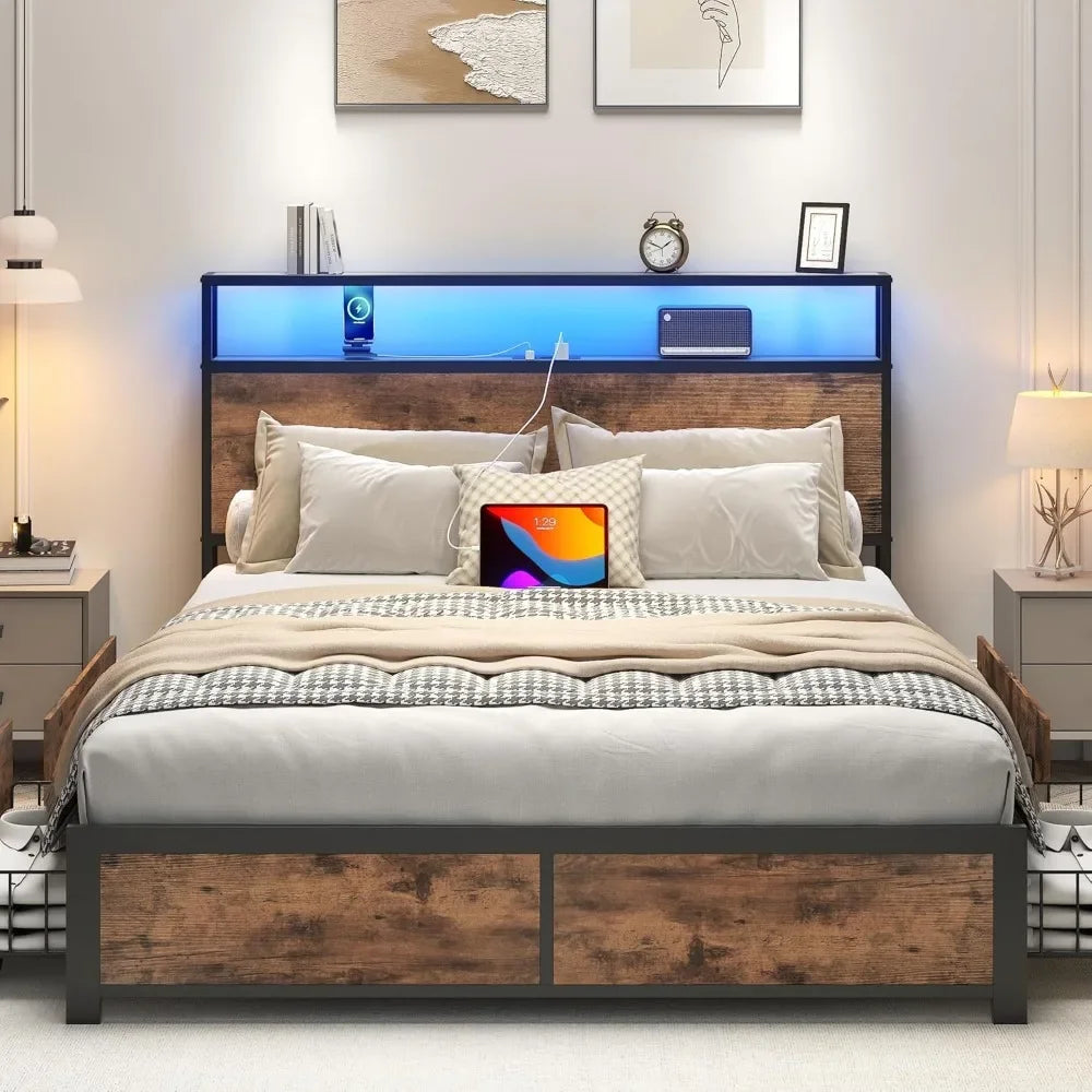 Lifezone full bed frame with 2-tier storage headboard metal platform 4 drawers built in charging statio - united states
