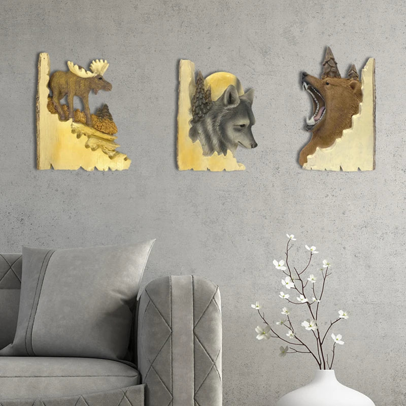 Animal carving handcraft wall hanging sculpture wooden raccoon bear deer fox wolf hand drawn decoration home living