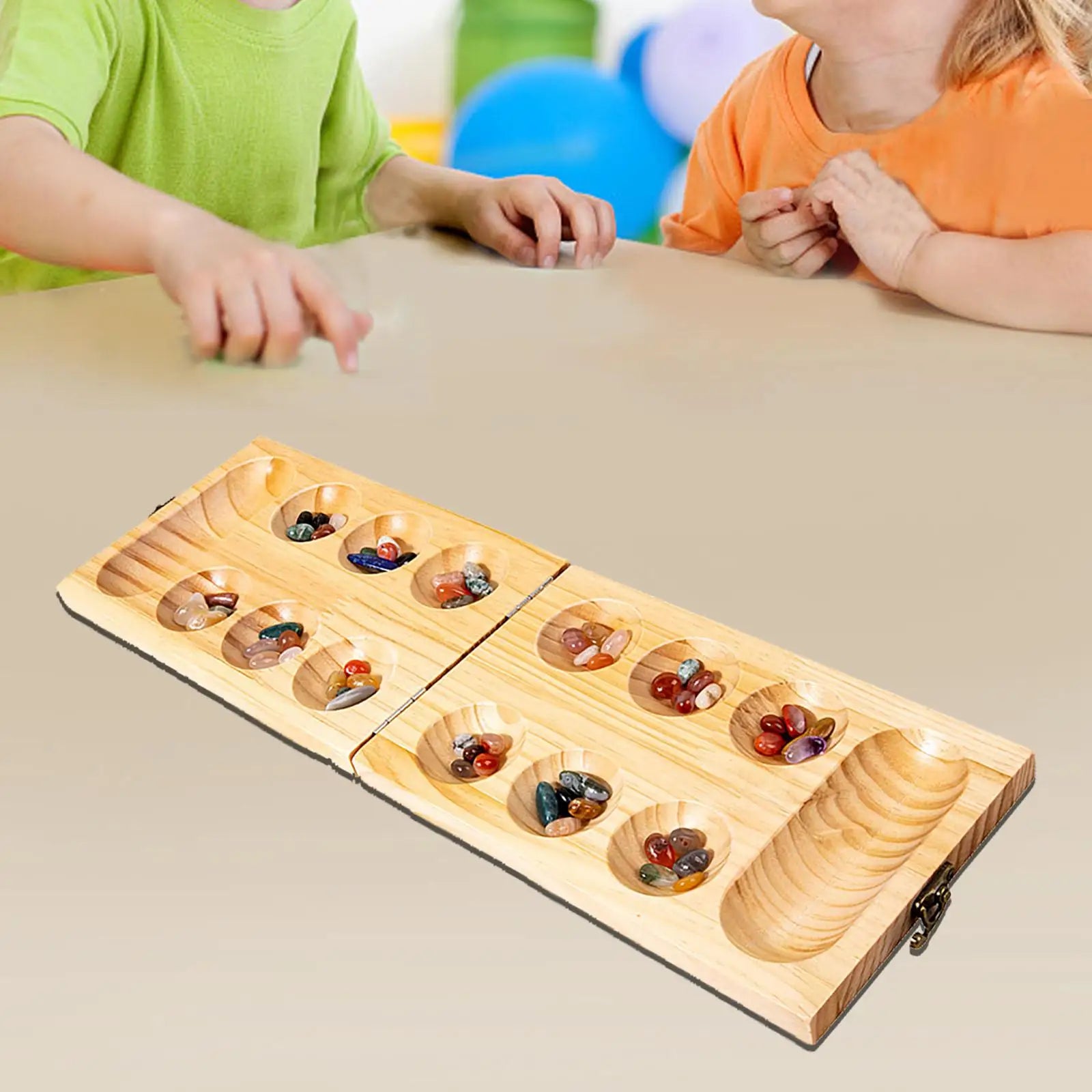 Wooden mancala board game teen 50 stones for travel party entertainment
