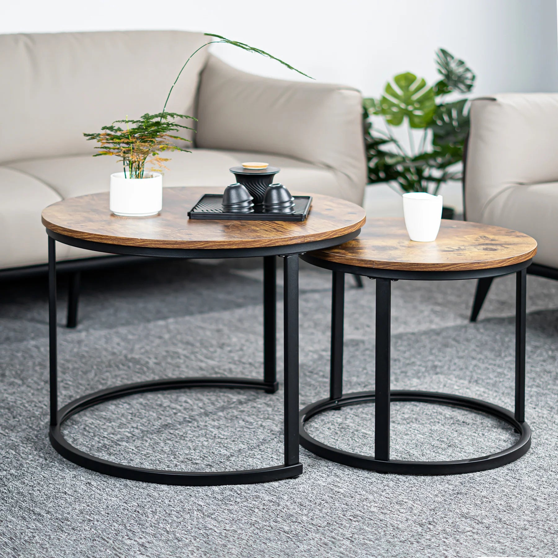 2-piece nesting coffee table set | 23.6’’ round rustic solid wood tabletop (clear grain for premium texture)