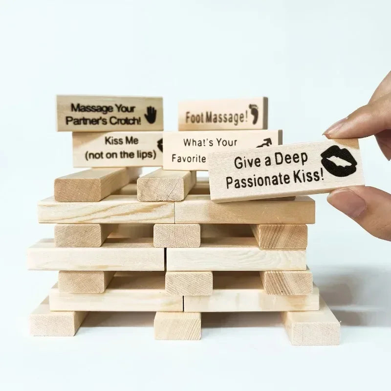 Fun building blocks couple activity night creative wooden tower game valentine’s day rolling stacking