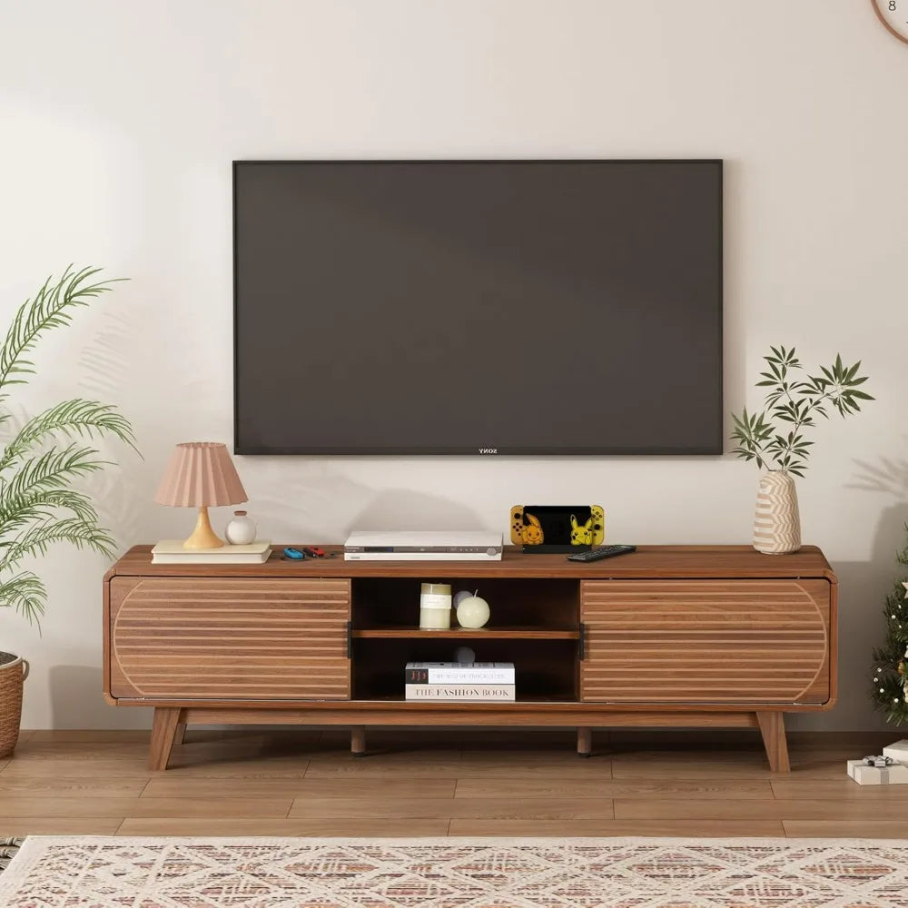 Mid century modern tv stand for 55/60/65 inch 62’’ console table with fluted sliding doors entertainment center