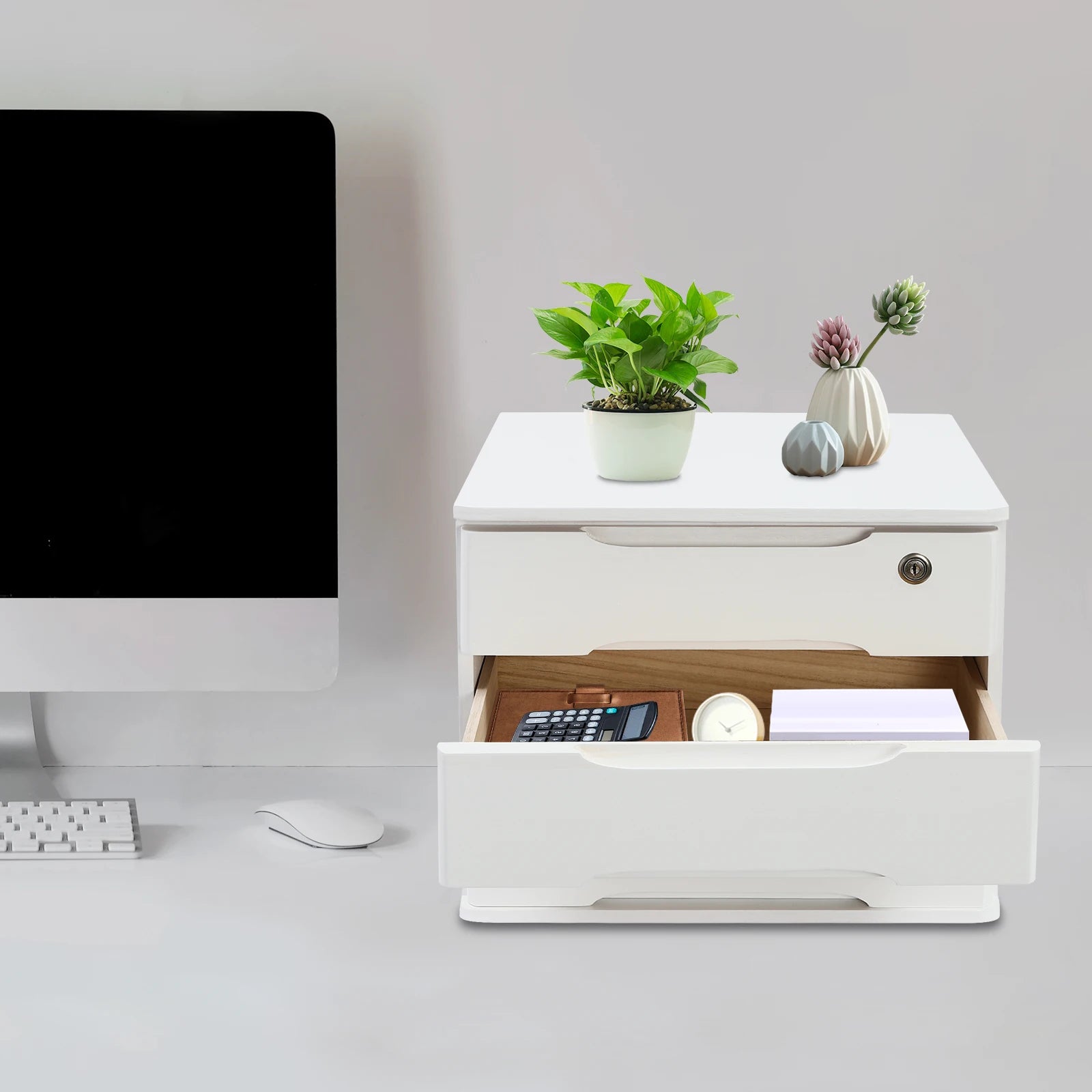 39*30*31cm 3-tier organizer wood desk with 3 drawers lockable desktop countertop storage cabinet for home office white