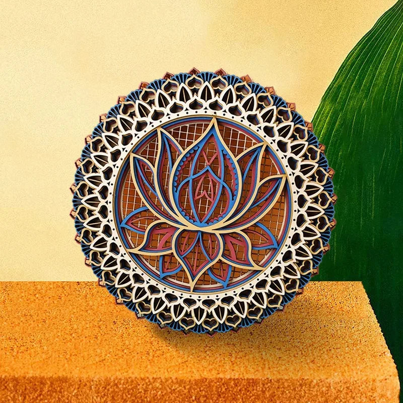 Sacred lotus mandala wooden wall hanging laser cut home decor geometric art - deep blue / l