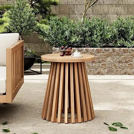 Acacia wood round patio coffee table with unique wooden base suitable for backyard and stylish indoor outdoor