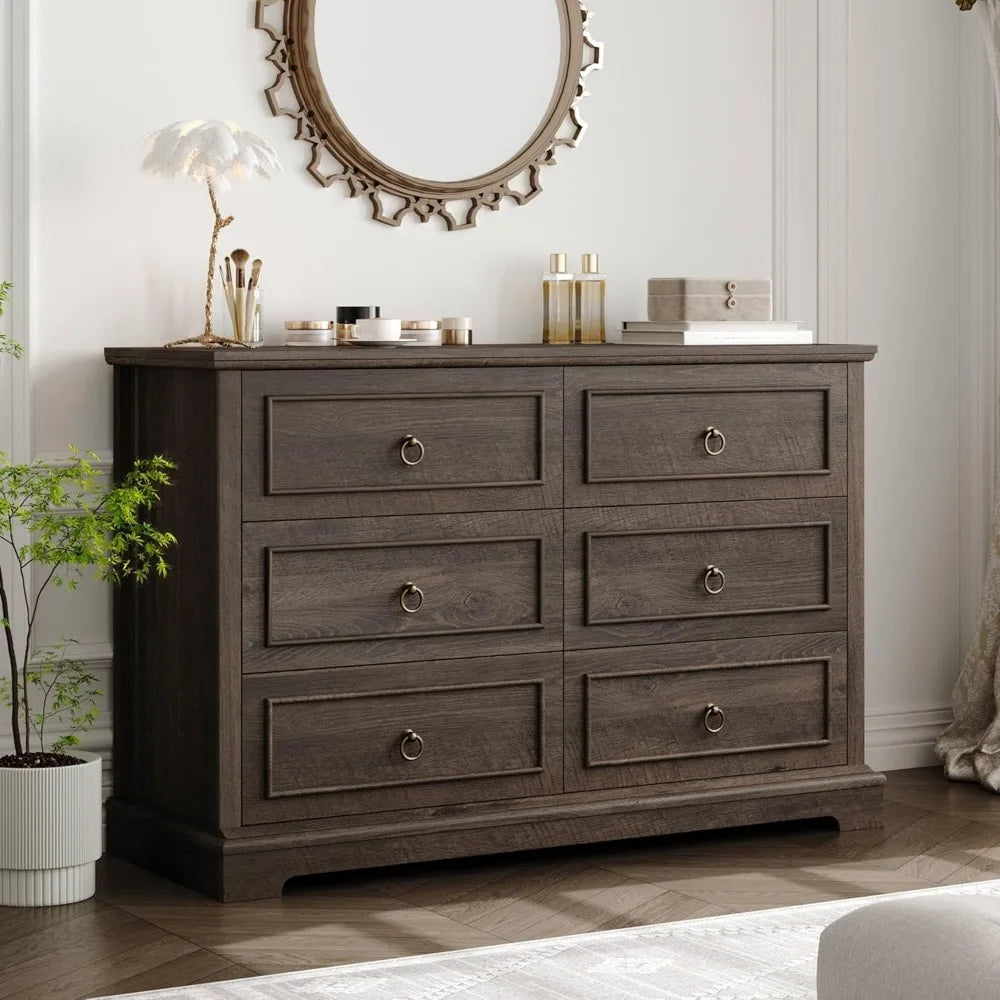 6 drawer dresser for bedroom modern farmhouse chest of drawers 47.2’’ wide wooden double dark wood storag