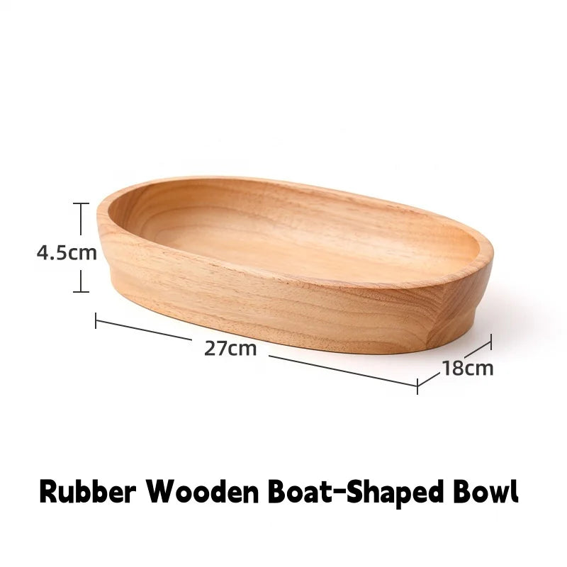 Rubber wooden boat-shaped bowl creative wood salad fruit vintage nut dim sum storage plate home kitchen utensils - 27cm