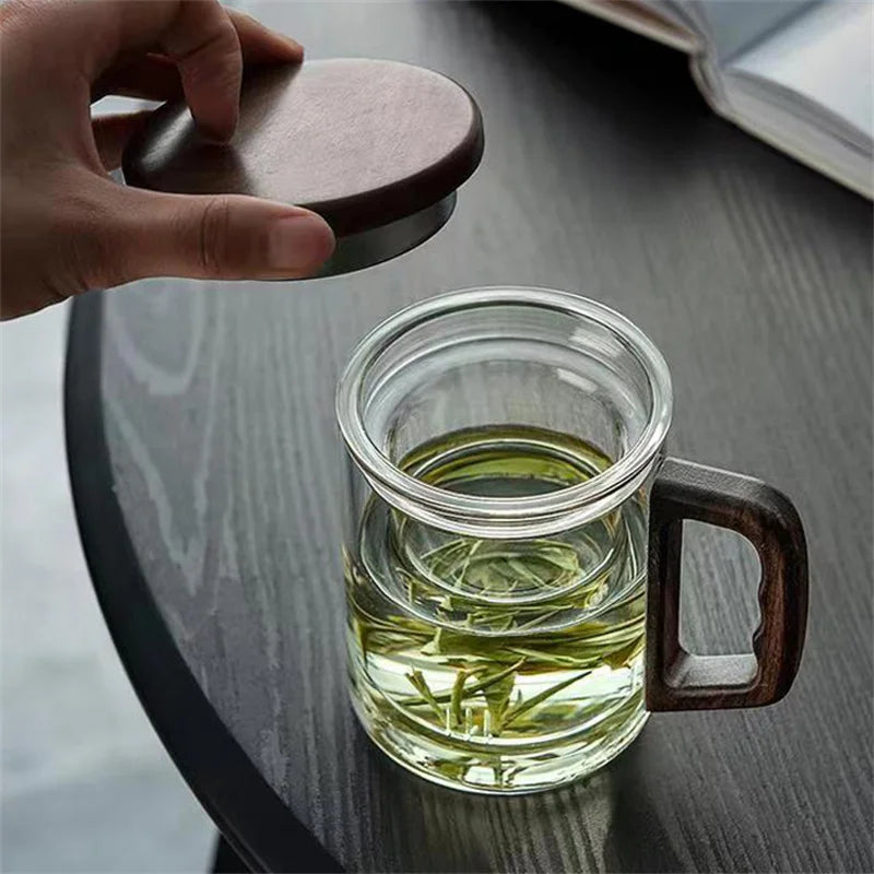 400ml walnut wooden handle glass tea cup with infuser filter flower water separation scented mug drinkware