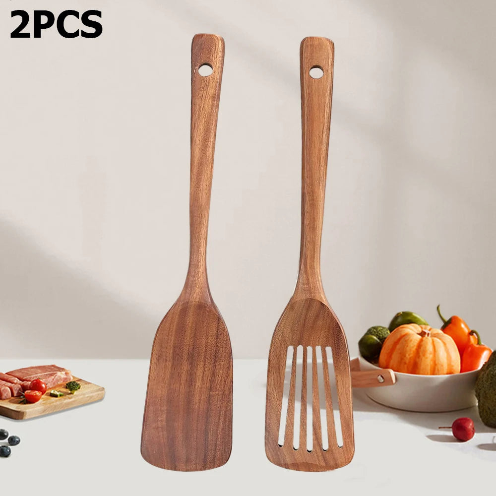 2pcs wooden spatula for cooking slotted turner long handle kitchen utensils set wood frying baking tools