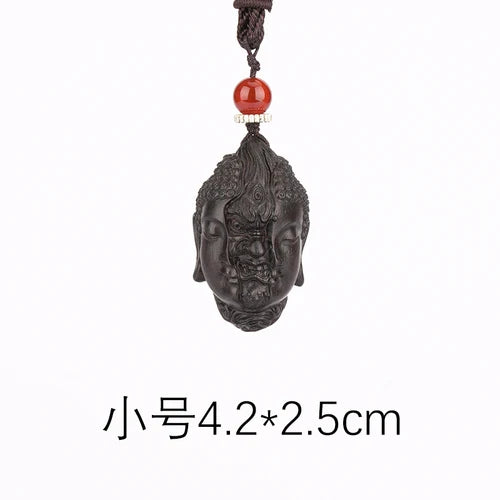 Hand carved wooden buddha demon head duality pendant charm keychain spiritual art figurine ornament car bag hanging