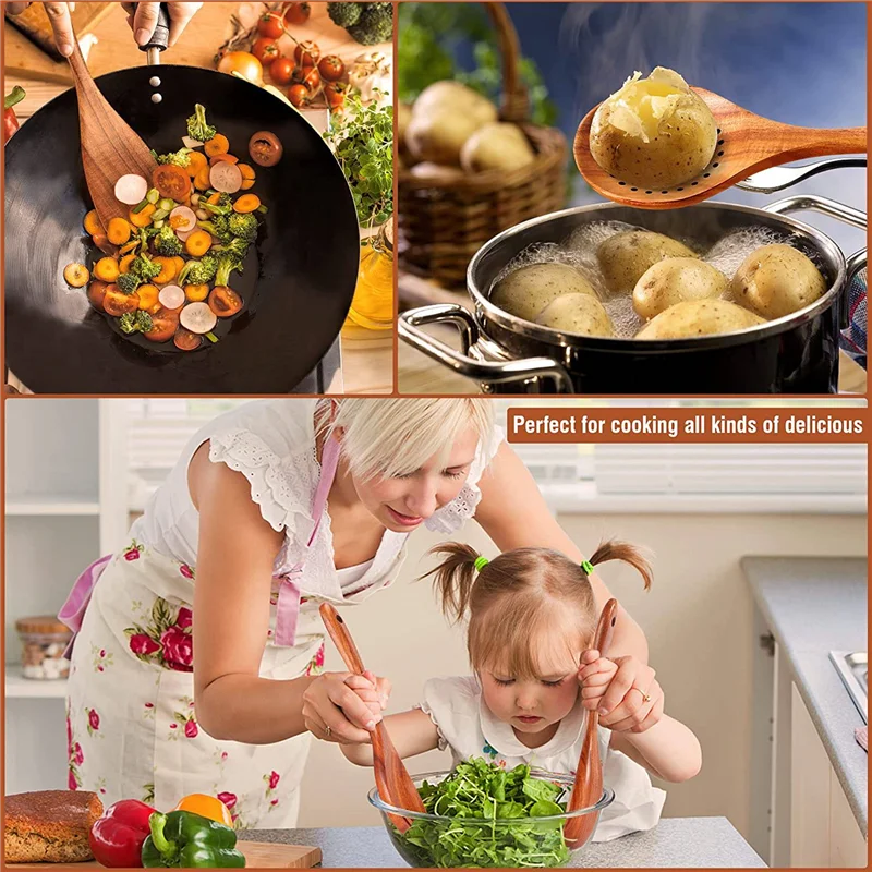 9 pcs wooden spoons for cooking utensils with holder teak kitchen set