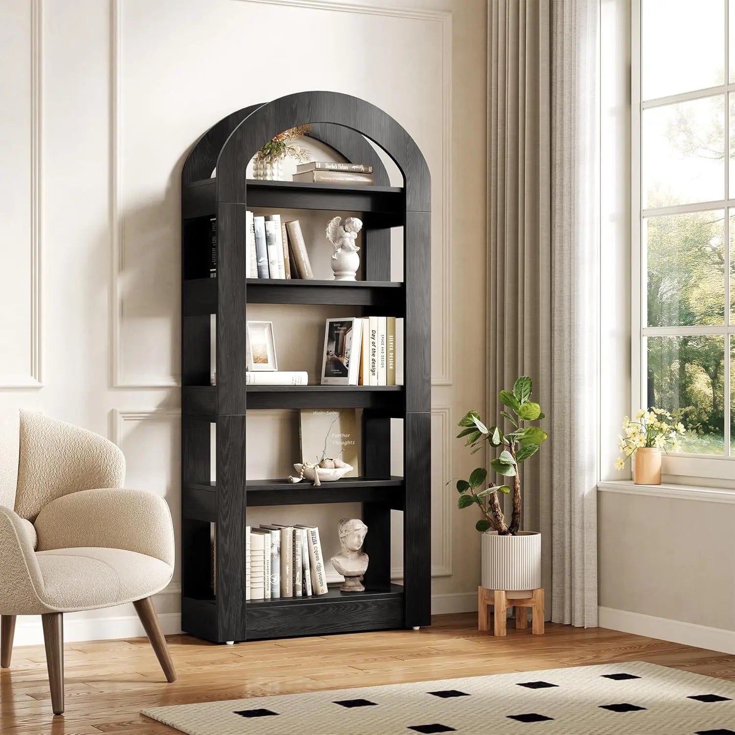 Little tree 5-tier bookshelf arch-shaped racks tall standing wooden bookcase display shelf modern storage solution