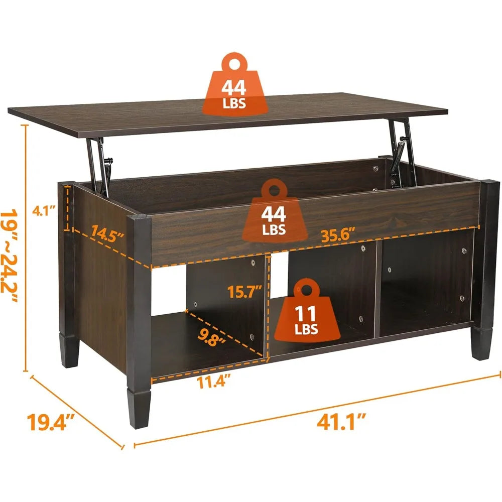 Wood coffee table lift top with hidden compartment 3 storage shelf modern pop-up rising dining for home - espresso
