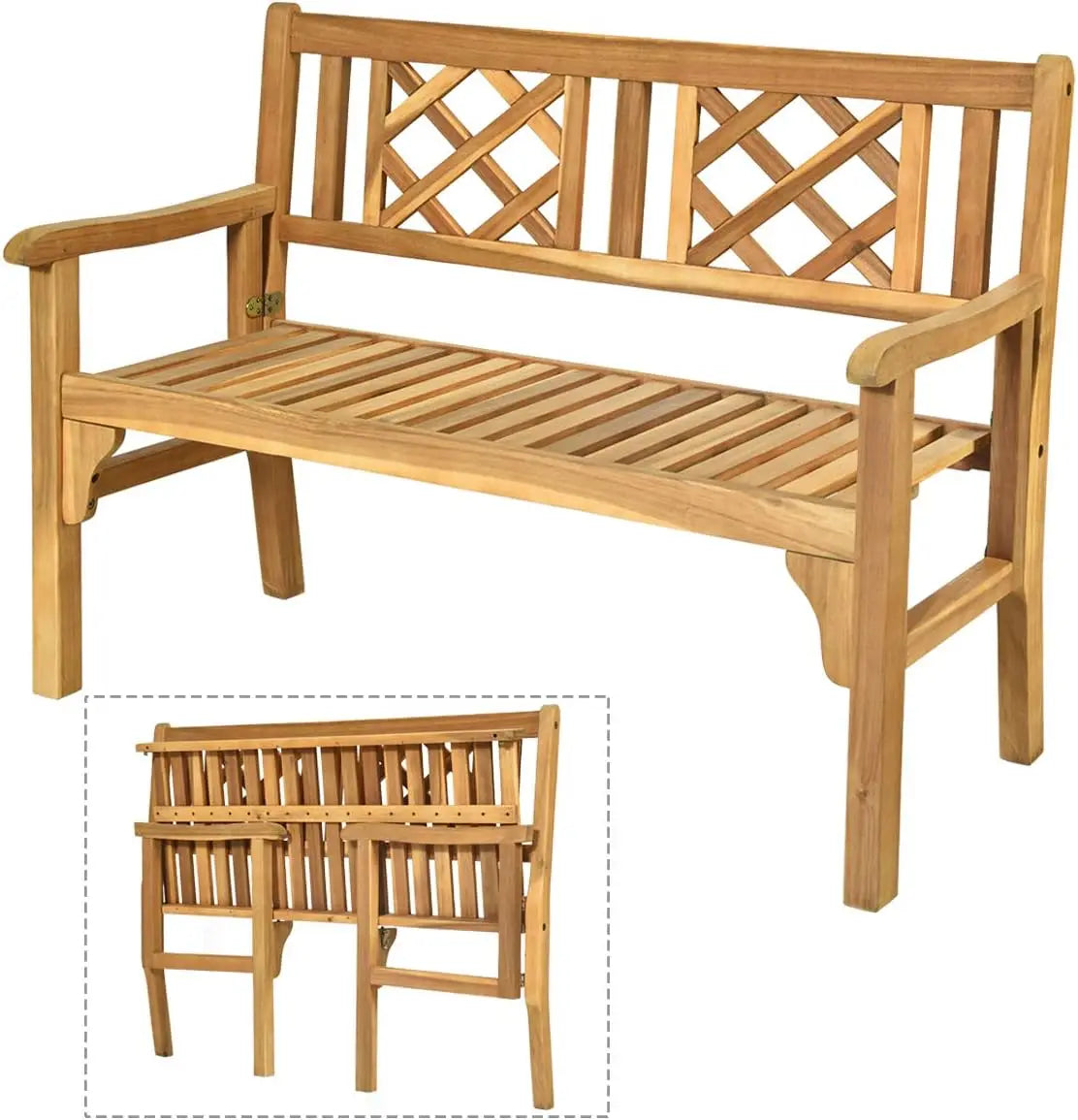 4 ft foldable outdoor bench acacia wood outside loveseat with curved backrest and armrest 705lbs weight capacity