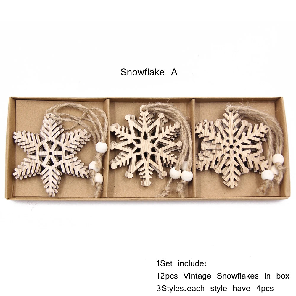 12pcs/box wooden hollow snowflake christmas vintage pendants xmas hanging ornaments for noel tree decorations diy