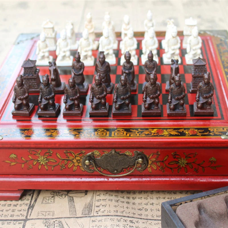 New wood chess chinese retro terracotta warriors do old carving resin chessman christmas birthday premium gift