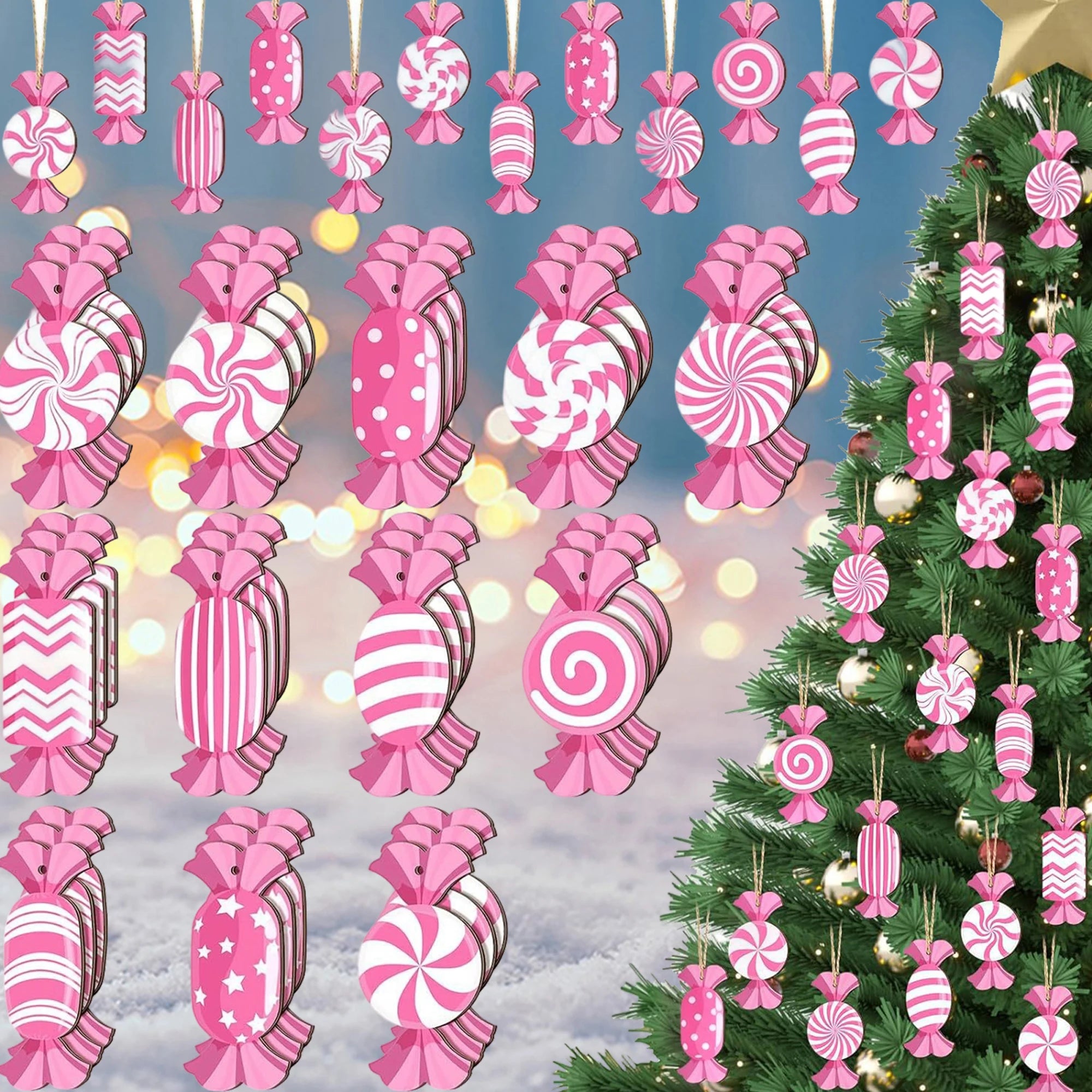 Adorable set of pink candy wooden christmas tree ornaments with hanging charms for festive home decor - 36pcs / united