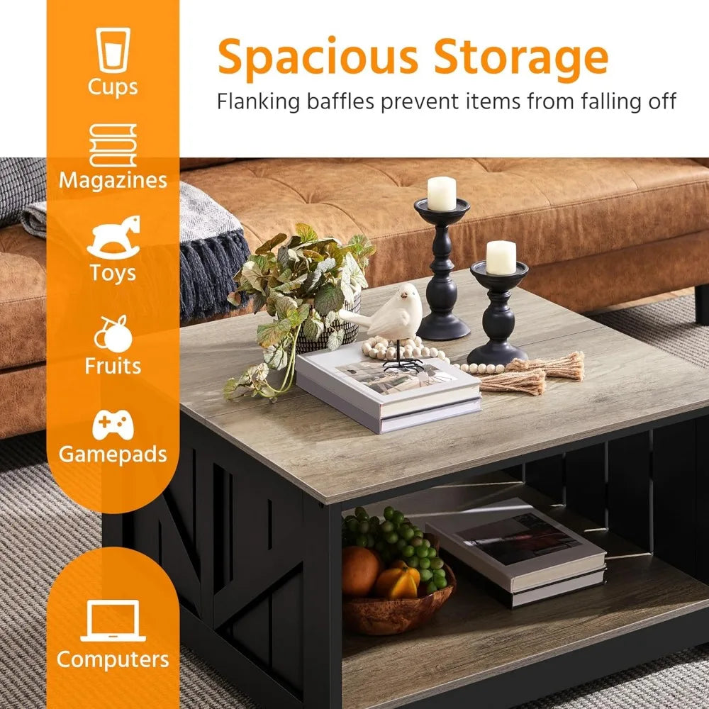 Square wooden coffee table with storage for living room 31.5 inches dining center - united states / gray and black