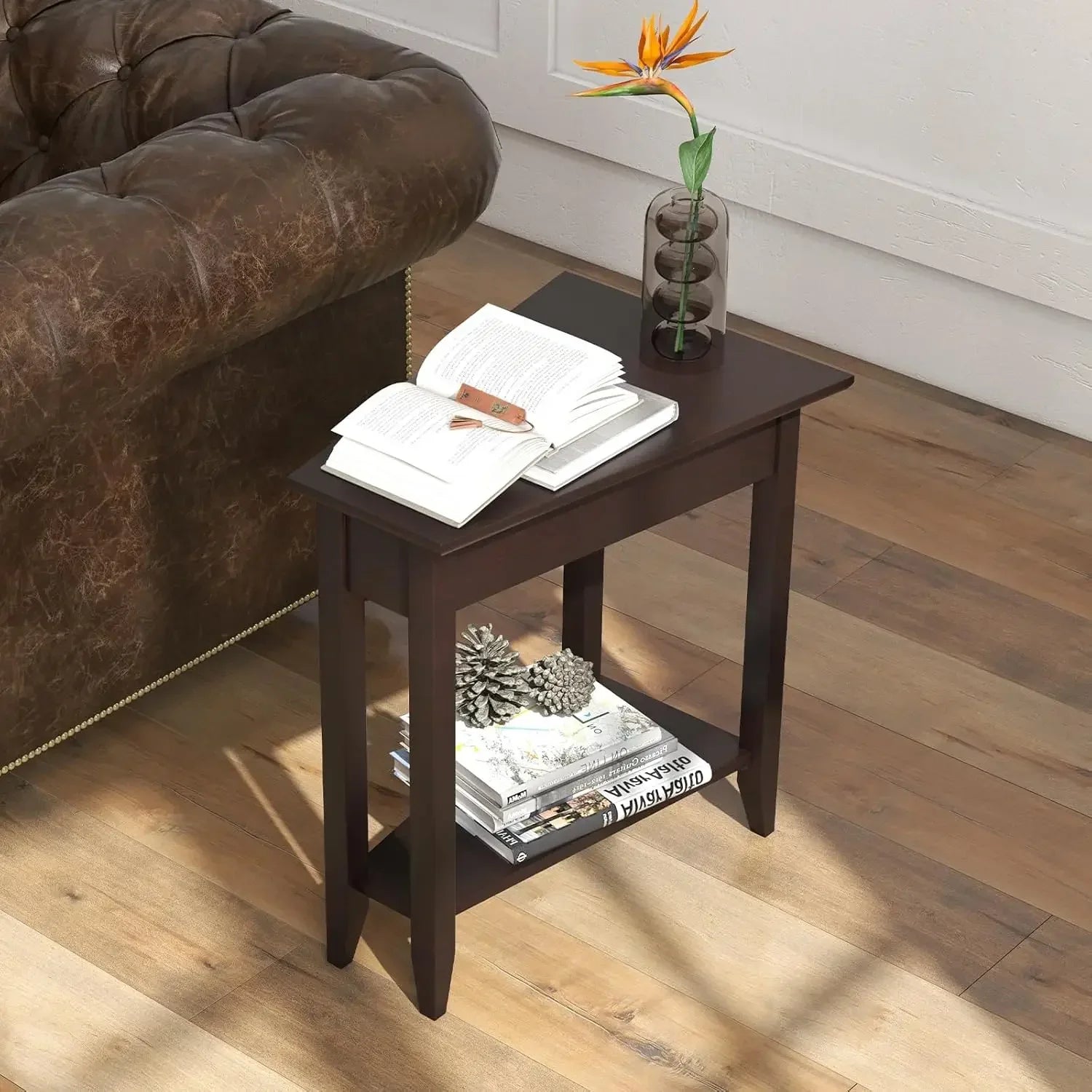 2-tier wedge end table narrow triangle side with storage shelf solid wood legs nightstand recliner for - united states