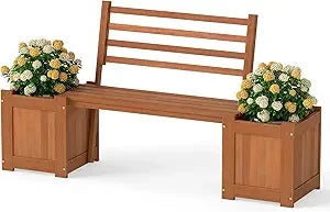 2-in-1 outdoor bench with backrest & 2 raised garden beds wood teak oil finish planter boxes open-ended base - united